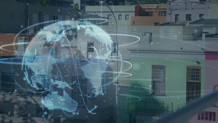 Poster - Digital globe with data lines animation over urban residential buildings