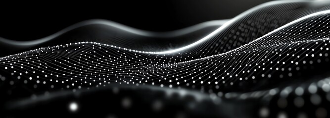 Poster - An abstract image featuring flowing waves with dynamic patterns and glowing dots, creating a mesmerizing visual effect that evokes depth and movement in a dark background.