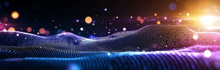 Poster - A stunning digital wave of vibrant colors and sparkling lights creating an abstract representation of sound waves, inviting viewers into a captivating visual experience