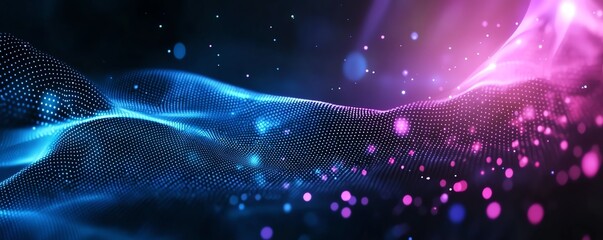 Poster - An abstract background featuring flowing waves of vibrant blue and pink colors, illuminated with bright dots that evoke a sense of motion and energy, perfect for digital designs.