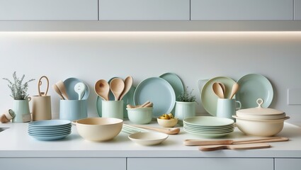 Poster - Modern kitchen setup with pastel dishware and wooden utensils arranged on countertop in bright light