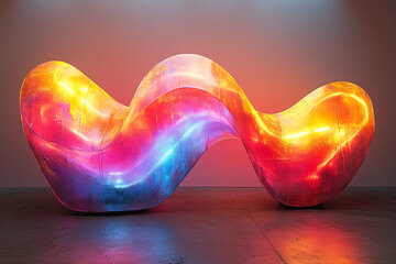 Poster - An abstract glowing sculpture featuring vibrant hues and flowing curves, creating a mesmerizing visual effect in a contemporary art setting.