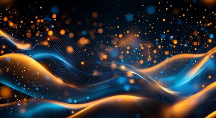 Poster - A vibrant abstract design featuring flowing waves of blue and orange, adorned with light particles. This captivating digital artwork evokes a sense of movement and energy.