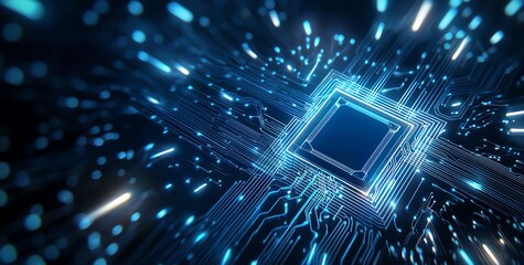 Aufkleber - A captivating digital depiction of a high-tech microchip surrounded by glowing blue circuitry, representing the future of technology and innovation in the digital age.