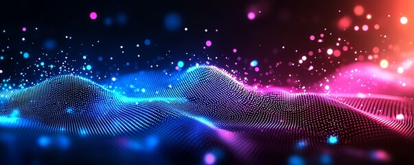 Poster - A vibrant digital wave illuminated by colorful lights. This abstract background showcases a blend of blues, pinks, and purples, perfect for tech and creative projects.