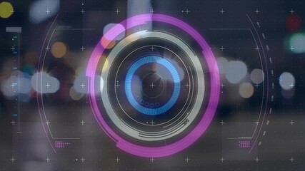 Poster - Animation of futuristic digital interface with circular patterns over city lights