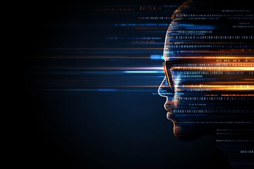 Poster - A futuristic visual representation featuring a person's profile combined with dynamic light streaks, symbolizing speed, innovation, and the digital age in technology.