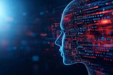 Poster - a futuristic representation of a digital face composed of glowing data streams and codes, symbolizin