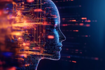 Poster - a futuristic digital representation of a human head, illustrating the concept of artificial intellig