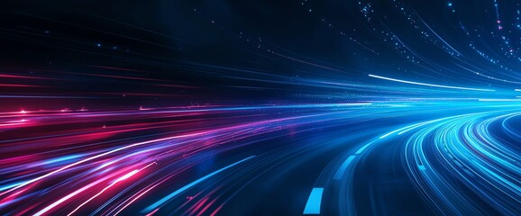 Poster - An abstract representation of vibrant light trails in blue and red, symbolizing speed and motion. This digital artwork evokes a sense of futuristic technology and innovation.