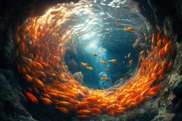 Poster - An underwater scene showcasing a vibrant school of orange fish swimming through a coral reef, illuminated by beams of sunlight filtering from above.