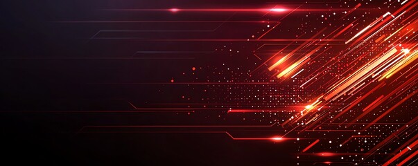 Poster - A dynamic abstract image showcasing vibrant red light streaks and glowing particles against a dark background, illustrating motion and energy in a technological context.