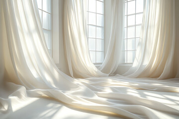 Poster - Bright and airy room adorned with flowing white curtains, allowing soft sunlight to illuminate the space and create a serene atmosphere.