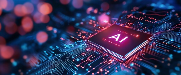 Aufkleber - A close-up of a computer microchip featuring the 'AI' label, surrounded by intricate circuitry. Vibrant blue and pink lights enhance the futuristic feel of artificial intelligence.