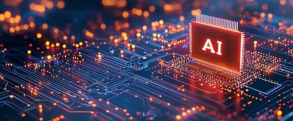 Aufkleber - An abstract representation of artificial intelligence depicted through a glowing chip on a circuit board, symbolizing innovation and advancement in tech and data processing.
