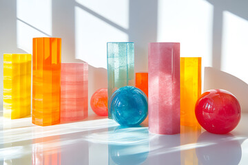 Fototapete - Colorful geometric shapes arranged in artistic formation create a vibrant display, showcasing transparency and light reflection in a modern setting.
