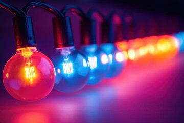 Leinwandbilder - Colorful decorative string lights illuminate a modern space, creating a vibrant atmosphere perfect for parties, events, or cozy gatherings.