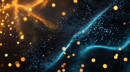 Poster - A stunning abstract background featuring vibrant orange and blue digital waves illuminated by shimmering particles, perfect for technology, art, and creative projects.