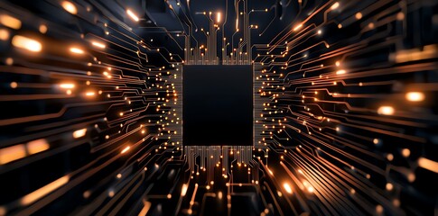 Aufkleber - An abstract view into an electronic circuit with glowing lights indicating data flow. The vibrant lines represent the speed and complexity of modern technology and innovation.