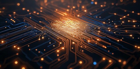 Aufkleber - A close-up view of a circuit board with luminous lines and intricately designed pathways, showcasing the beauty of modern technology and electronics in a mesmerizing, digital world