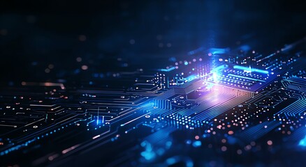 Aufkleber - A close-up view of a modern microchip illuminated by blue and purple lights, showcasing intricate circuits and connections, symbolizing advanced technology and innovation.