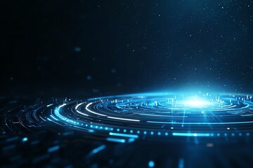 Poster - A futuristic digital landscape featuring dynamic blue light circles emanating from a central point, representing innovation, data flow, and advanced technology in a dark environmen