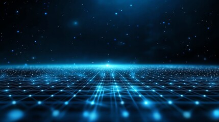 Poster - A futuristic digital landscape featuring a vast grid of glowing blue lights against a dark background, perfect for concepts related to technology, innovation, and data visualizatio