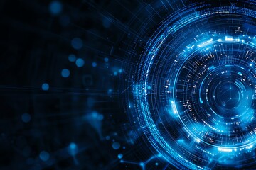 Poster - A futuristic digital design featuring a circular abstract pattern with glowing blue lights and intricate connections representing advanced technology and innovation.