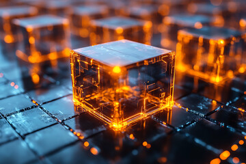 Poster - Futuristic glowing cubes on a digital grid, symbolizing technology and innovation in a virtual environment. Perfect for tech-related projects.