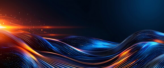 Poster - Dynamic waves of blue and orange light create an abstract background, perfect for technology, digital design, and artistic projects. Ideal for illustrations and modern graphics.