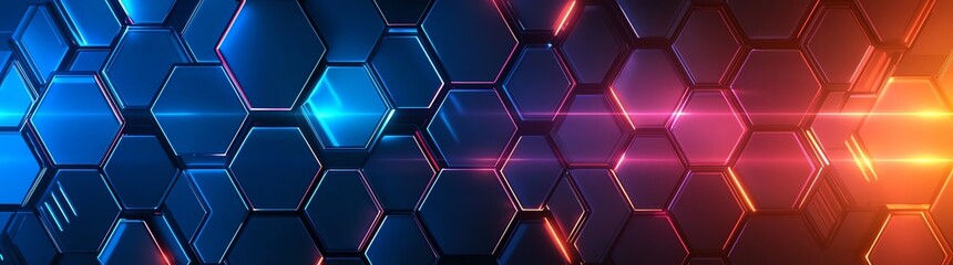 Poster - A vibrant, futuristic background featuring a pattern of hexagonal shapes illuminated by dynamic blue, orange, and red light streaks, ideal for technology-themed designs.