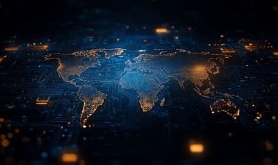 Aufkleber - A futuristic digital map of the world illuminated with neon lights, representing connectivity and advanced technology in a globalized society, perfect for tech-themed projects.