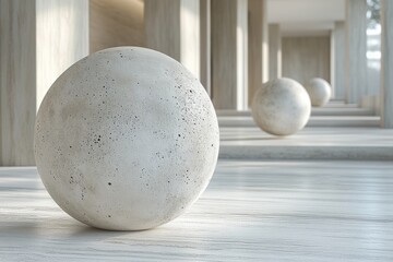 Poster - Modern interior featuring large concrete spheres, creating a unique and minimalist aesthetic. Ideal for showcasing contemporary design and architecture.