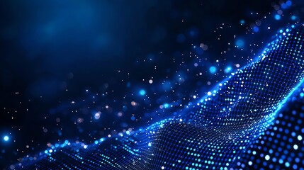 Poster - A mesmerizing digital abstract background featuring shimmering blue lights in a wave pattern, representing data flow and innovation in technology and modern design.