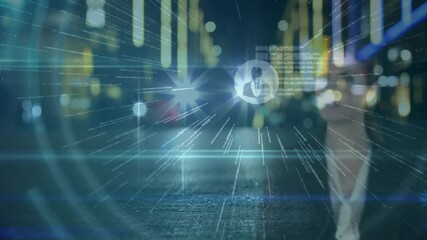 Poster - Animation of futuristic digital interface with human icon over urban background