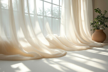 Poster - Soft, flowing curtains drape gracefully by a large window, allowing gentle sunlight to filter in, creating a peaceful and serene indoor atmosphere.