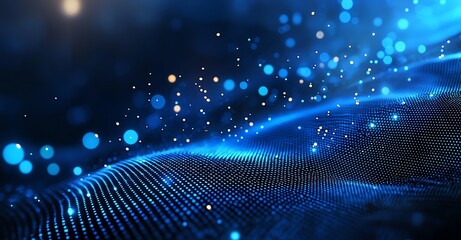 Poster - Dynamic blue particles create a mesmerizing visual wave. This abstract image captures the essence of motion and technology, ideal for backgrounds, projects, and digital designs.