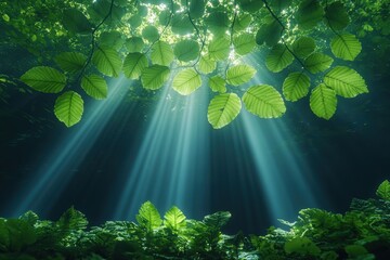 Poster - Sunlight filters through lush leaves, creating a serene and tranquil atmosphere in a vibrant green forest, showcasing nature's beauty and harmony.