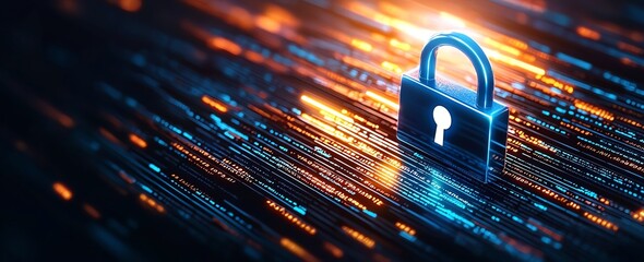 Aufkleber - A digital padlock represents cybersecurity, surrounded by glowing data streams