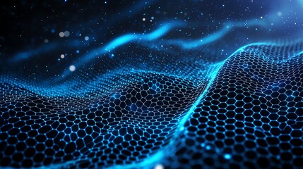 Poster - Abstract digital waves of blue light and hexagonal patterns create a futuristic look, ideal for technology backgrounds and graphic designs.