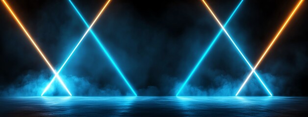 Poster - A captivating visual of vibrant blue and orange laser beams crossing through a smoky backdrop