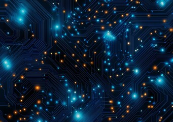 Aufkleber - A captivating abstract view of a circuit board illuminated by blue and orange lights, symbolizing innovation and the connection between technology and modern life.