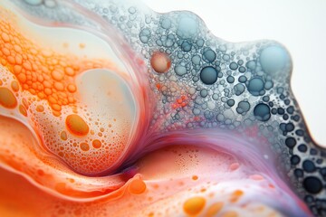 Fototapete - Vibrant abstract image showcasing a colorful mix of bubbles and fluid shapes, creating a mesmerizing pattern of orange, blue, and white.