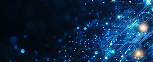 Poster - A captivating abstract background showcasing glowing blue lights and intricate patterns, symbolizing innovation, digital transformation, and the interconnectedness of modern techno