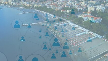 Poster - Network of connections and data processing animation over coastal cityscape