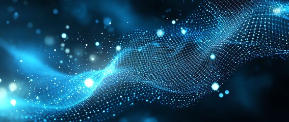 Poster - A stunning digital wave formed of glowing particles and light effects, representing the essence of technology and innovation in a captivating blue color scheme.