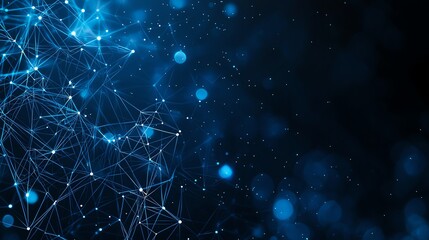 Poster - An abstract representation of digital connections showcasing blue light particles and network structures against a dark background, perfect for technology-themed projects.