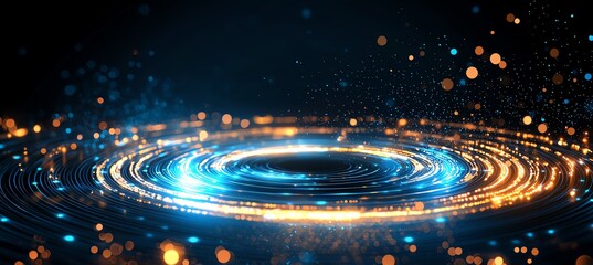 Poster - A mesmerizing digital art piece showcasing vibrant blue and orange circles radiating light against a dark backdrop, representing energy, motion, and innovation in technology.