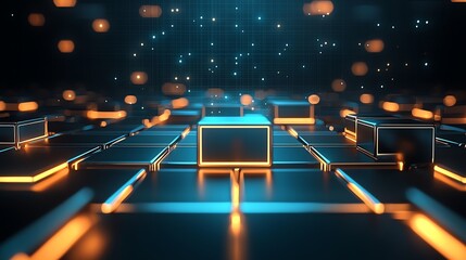 Poster - A futuristic digital landscape featuring glowing cubes and shimmering lights, representing advanced technology and innovation in a virtual space.