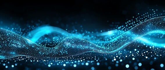 Poster - A mesmerizing digital wave of blue particles and light. This abstract image captures the essence of innovation, showcasing a blend of movement and technology in a stunning visual.